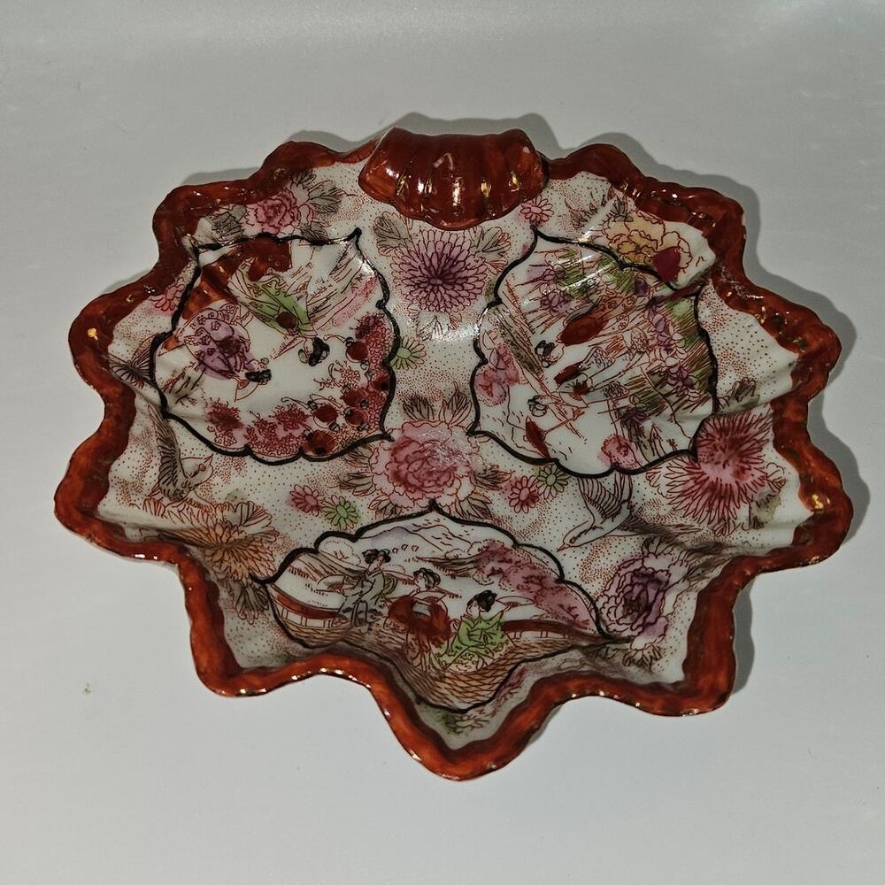 Vintage Japanese Porcelain Scalloped Dish Geisha Floral Red Rim